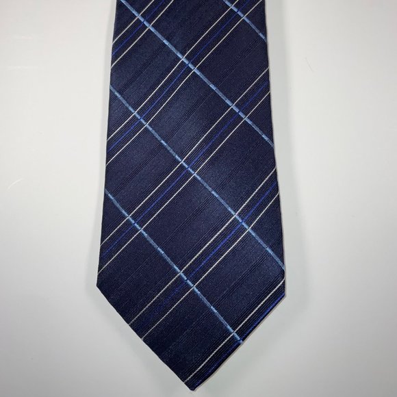 Silk Giorgio Armani Tie - Navy Light Blue & White Diagonal Plaid - EUC